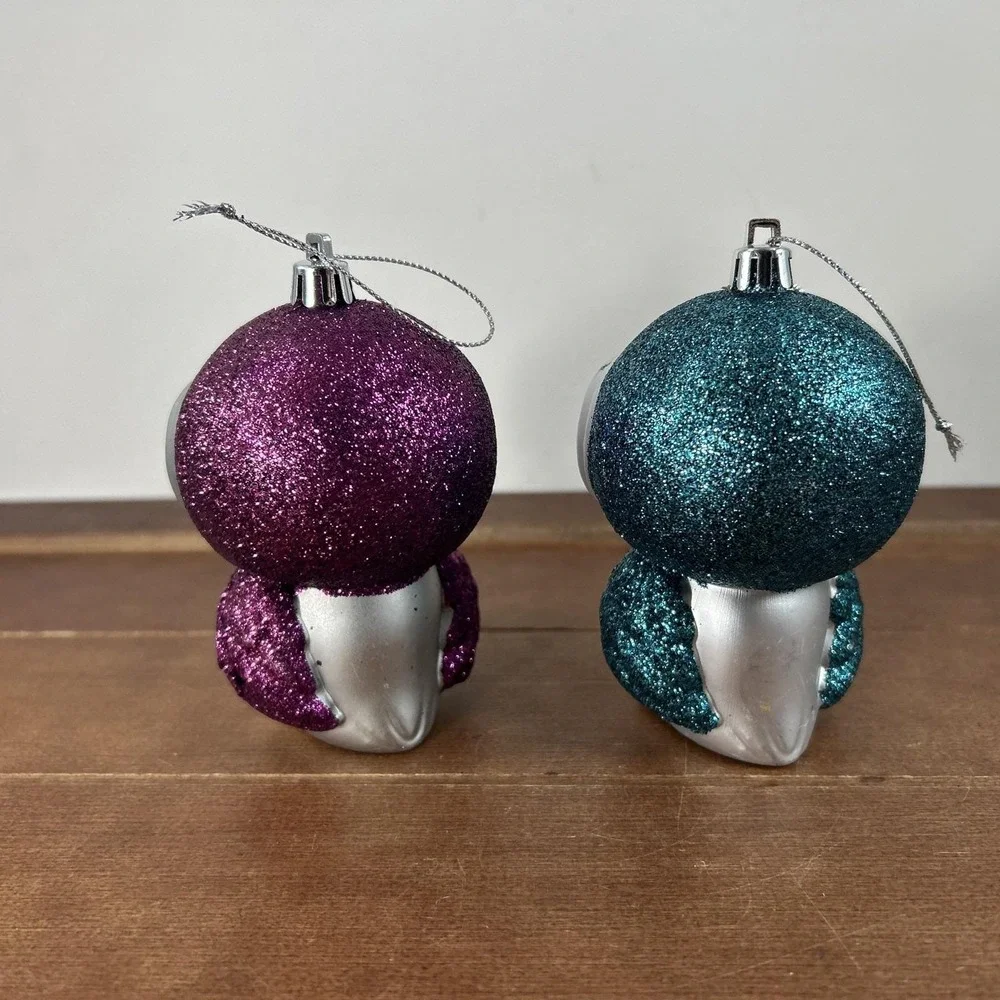 Set of 2, Christmas Owl Birds Pink Blue Glitter Plastic Body 4